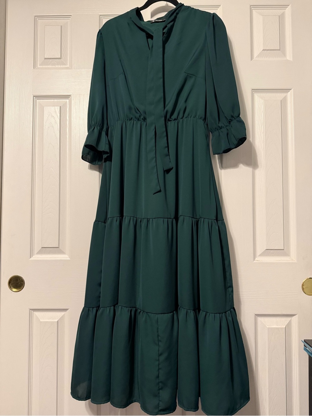 Women's Deep Teal Tiered Maxi Dress with Tie Neck